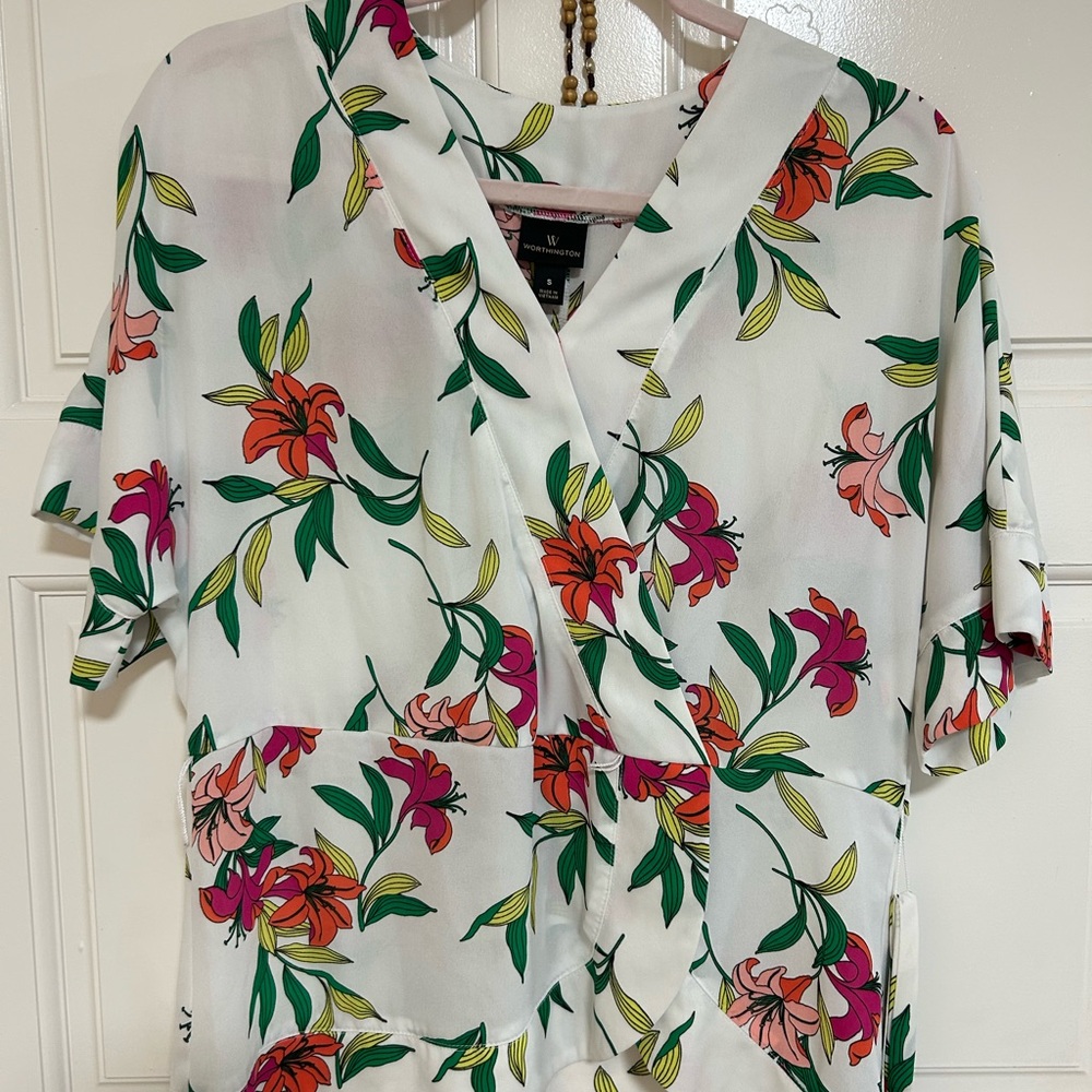 Worthington Floral Wrap Blouse - White with Red and Green Print